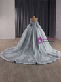 Gray Tulle Straps Long Sleeve Appliques Pearls Prom Dress