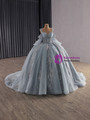 Gray Tulle Straps Long Sleeve Appliques Pearls Prom Dress
