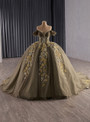 Dark Green Tulle Sequins Pearls Off the Shoulder Prom Dress