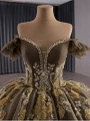Dark Green Tulle Sequins Pearls Off the Shoulder Prom Dress