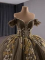 Dark Green Tulle Sequins Pearls Off the Shoulder Prom Dress