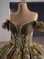 Dark Green Tulle Sequins Pearls Off the Shoulder Prom Dress