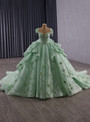Green Tulle Backless Three-dimensional Flowers Prom Dress