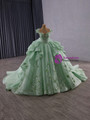 Green Tulle Backless Three-dimensional Flowers Prom Dress