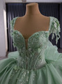 Green Tulle Backless Three-dimensional Flowers Prom Dress