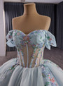 Blue Tulle Off the Shoulder Appliques Prom Dress