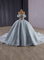 Blue Tulle Off the Shoulder Appliques Prom Dress