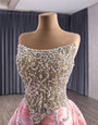 Pink Mermaid Strapless Tulle Crystal Split Prom Dress