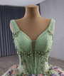 Green Tulle V-neck Appliques Pearls Prom Dress