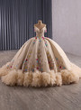 Champagne Ball Gown Tulle Strapless Colorful Flower Prom Dress