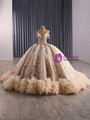 Champagne Ball Gown Tulle Strapless Colorful Flower Prom Dress