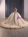 Champagne Ball Gown Tulle Strapless Colorful Flower Prom Dress