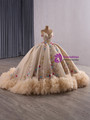 Champagne Ball Gown Tulle Strapless Colorful Flower Prom Dress