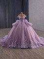 Purple Tulle Off the Shoulder Appliques Prom Dress