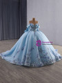 Light Blue Ball Gown Tulle Off the Shoulder Appliques Prom Dress