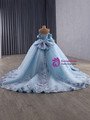 Light Blue Ball Gown Tulle Off the Shoulder Appliques Prom Dress