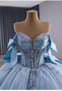 Light Blue Ball Gown Tulle Off the Shoulder Appliques Prom Dress