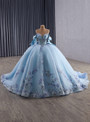Light Blue Ball Gown Tulle Off the Shoulder Appliques Prom Dress