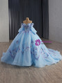Light Blue Tulle Long Sleeve Sequins Appliques Prom Dress