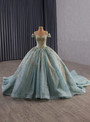 Green Ball Gown Blue Tulle Sequins Prom Dress