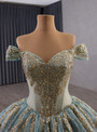 Green Ball Gown Blue Tulle Sequins Prom Dress