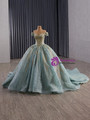 Green Ball Gown Blue Tulle Sequins Prom Dress