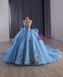Blue Ball Gown Tulle Straps Appliques Prom Dress