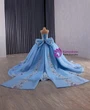 Blue Ball Gown Tulle Straps Appliques Prom Dress