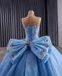 Blue Ball Gown Tulle Straps Appliques Prom Dress