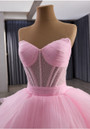 Pink Tulle Pleats Strapless Beading Prom Dress
