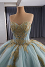 Blue Tulle Strapless Appliques Bow Prom Dress