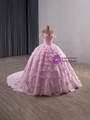 Pink Tulle Sequins Tiers Pearls Prom Dress