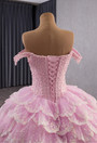 Pink Tulle Sequins Tiers Pearls Prom Dress
