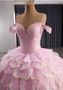 Pink Tulle Sequins Tiers Pearls Prom Dress