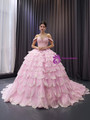 Pink Tulle Sequins Tiers Pearls Prom Dress