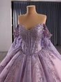Purple Tulle Off the Shoulder Appliques Prom Dress