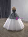 Gray White Tulle Sequins Strapless Prom Dress