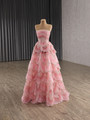 Pink Strapless Tulle Sequins Beading Tiers Prom Dress