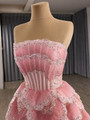 Pink Strapless Tulle Sequins Beading Tiers Prom Dress