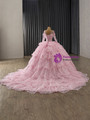 Pink Tulle Sequins V-neck Long Sleeve Tiers Prom Dress