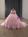 Pink Tulle Sequins V-neck Long Sleeve Tiers Prom Dress
