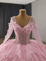 Pink Tulle Sequins V-neck Long Sleeve Tiers Prom Dress