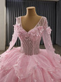 Pink Tulle Sequins V-neck Long Sleeve Tiers Prom Dress