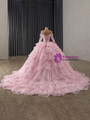 Pink Tulle Sequins V-neck Long Sleeve Tiers Prom Dress