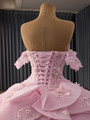 Pink Ball Gown Tulle Sequins 3D Appliques Prom Dress