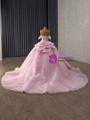 Pink Ball Gown Tulle Sequins 3D Appliques Prom Dress