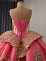 Watermelon Red Tulle Strapless Appliques Beading Prom Dress