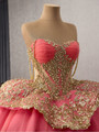 Watermelon Red Tulle Strapless Appliques Beading Prom Dress