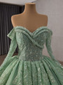 Green Tulle Sequins Beading Long Sleeve Prom Dress