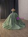 Green Scoop Neck Sequins Beading Cap Sleeve Prom Dress